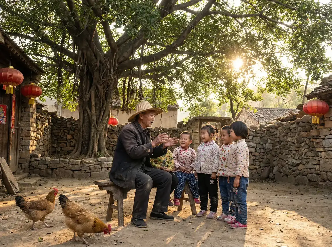 老人在大榕树下给孩子们讲故事 - 人皮灯笼 乡村记忆